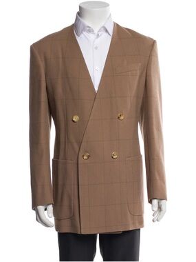 Gucci Men's Double-Breasted Tan Check Blazer with Gold Buttons